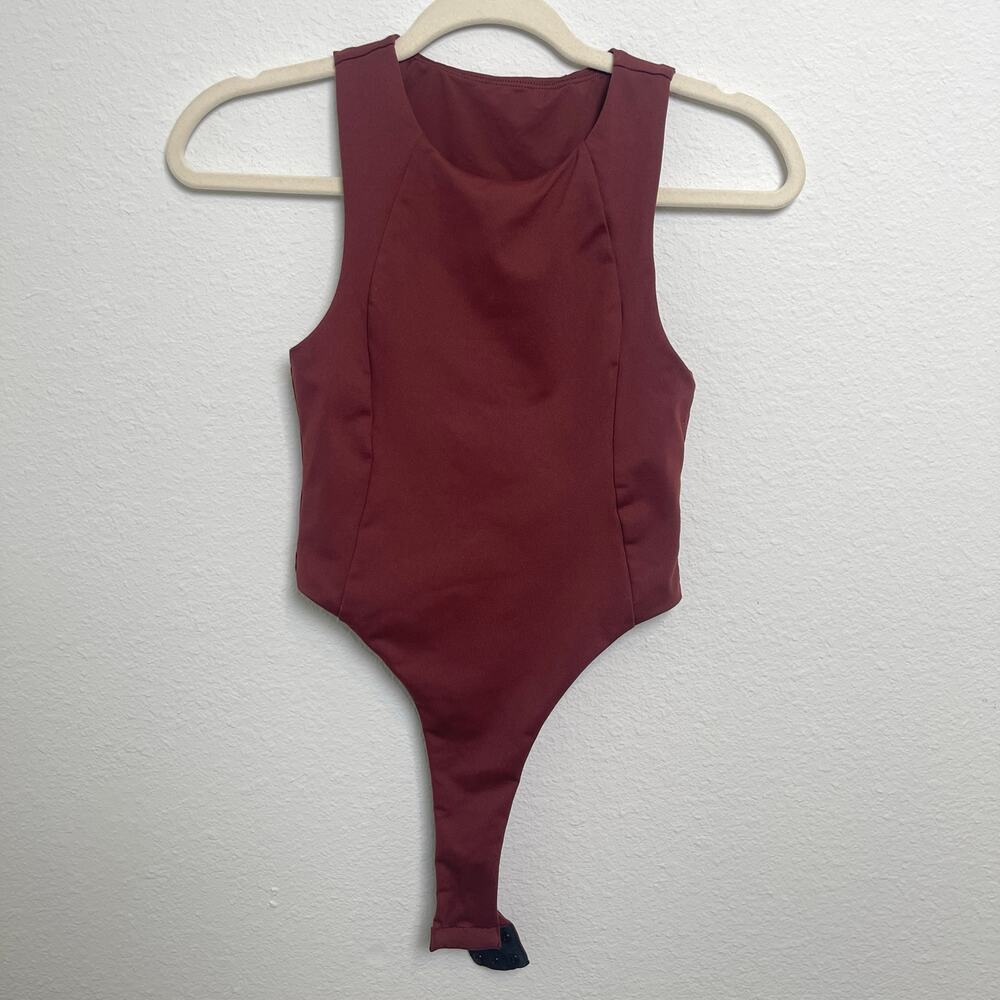 Maroon Burgundy Bodysuit XS Sleeveless High Neck Performance Stretch Slimming